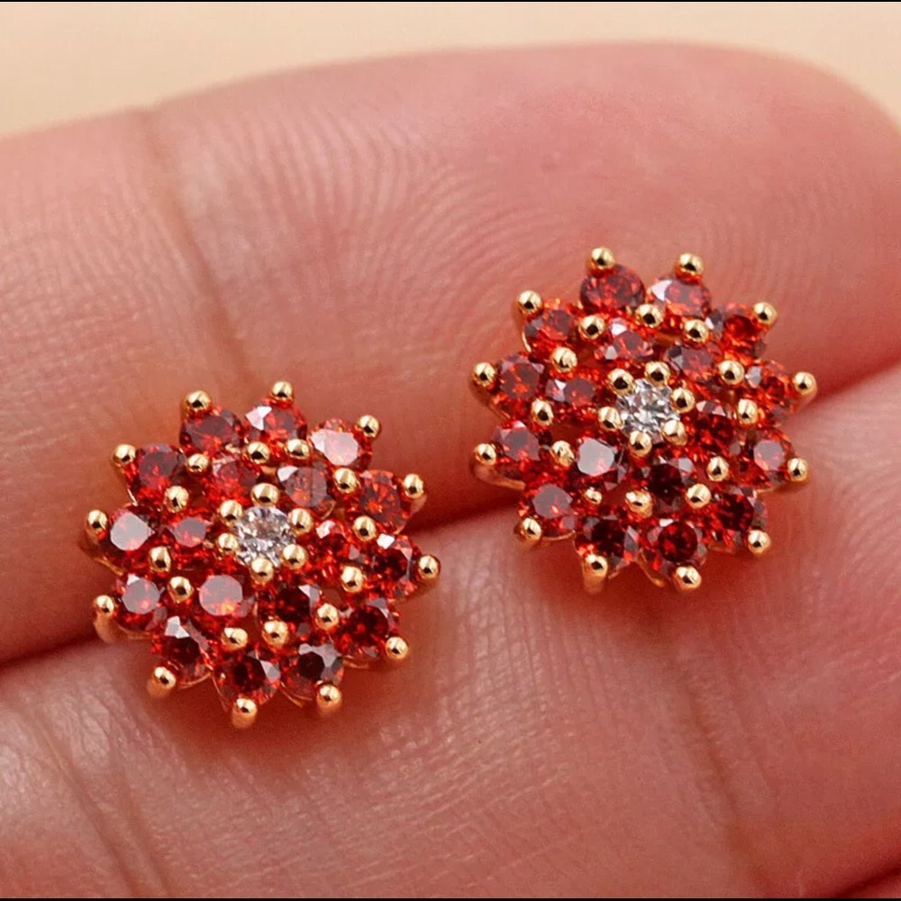 Gold Filled & Ruby  Flower Stud Earrings